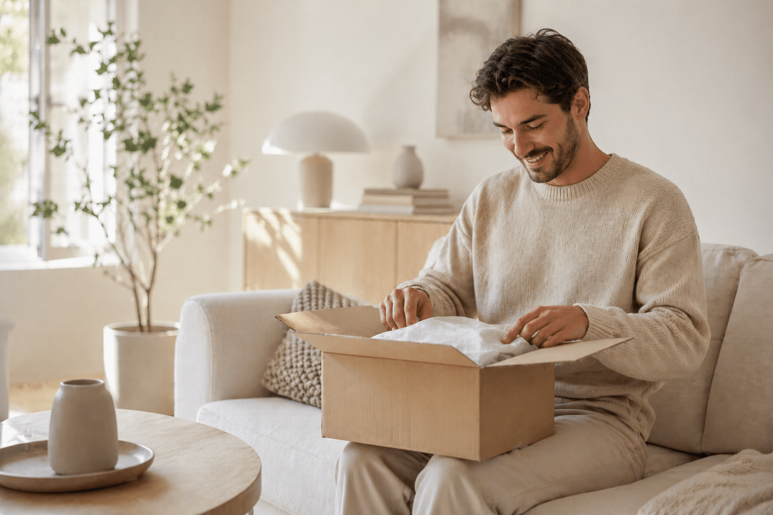 Nöjd kund som öppnar sitt paket från Sylro efter en trygg betalning med Klarna.